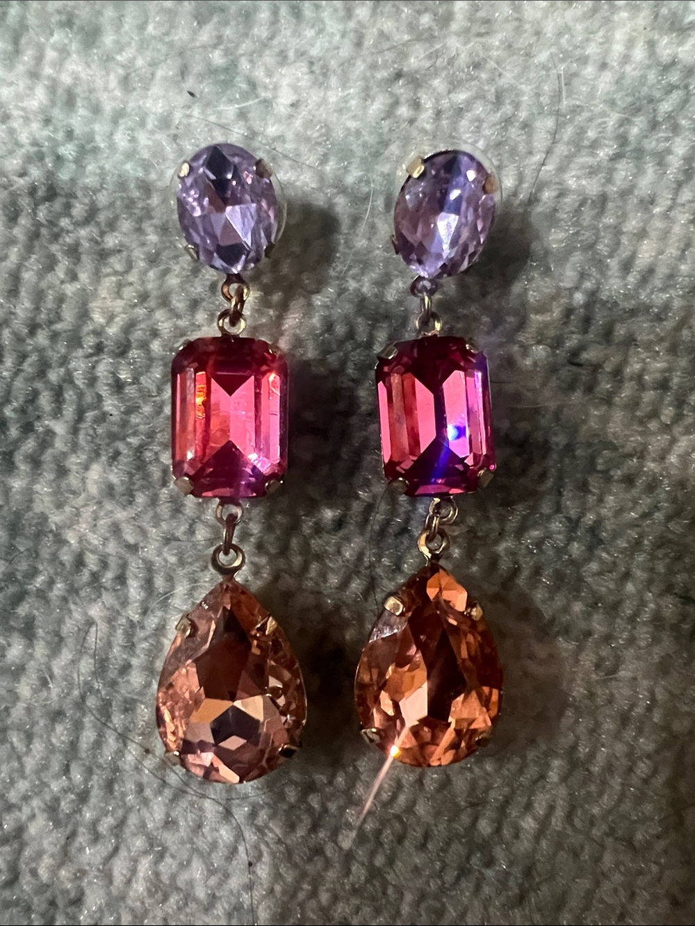 Statement Dangle Earrings with Purple, Pink and Peach Gemstones - Picture 3 of 4